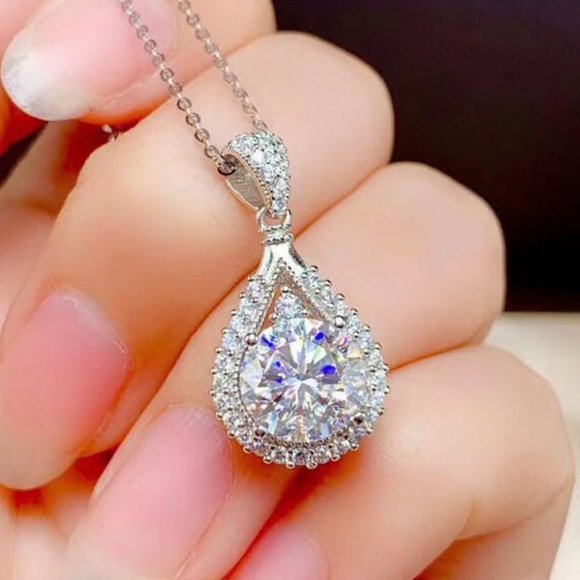 NEW Platinum Round Diamond Halo Teardrop Necklace - Picture 1 of 5